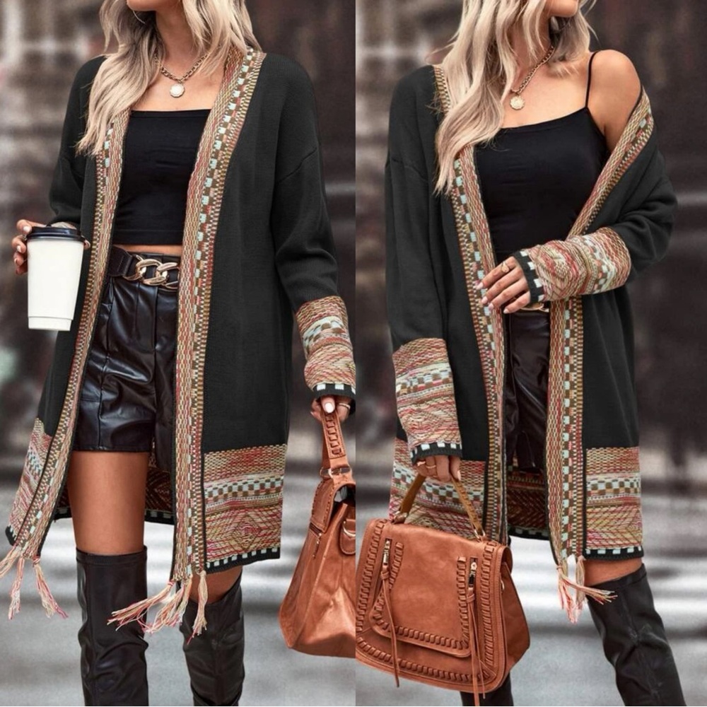 Cozy Tribal Print Open Front Tassel Hem Oversized Cardigan